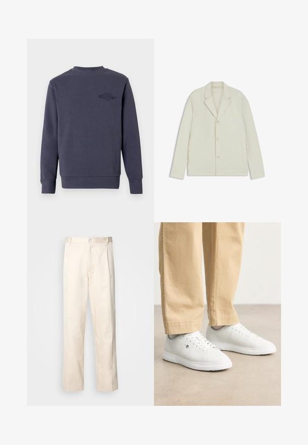 Light beige jacket with a notched lapel, button closure, and side zippers. Made from smooth, textured fabric with a tailored fit.; Sweatshirt in dark navy blue, made of soft fabric, featuring a crew neckline and ribbed cuffs. Embroidered logo on the left chest.; Beige cotton trousers with a straight-leg cut, featuring a button closure and pleats at the front for added detail.; White leather sneakers with a smooth finish, featuring round toe, lace-up design, and subtle logo detail on the side, paired with beige pants.