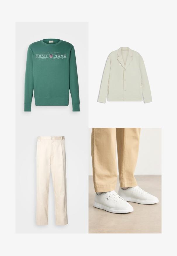 Light beige jacket with a notched lapel, button closure, and side zippers. Made from smooth, textured fabric with a tailored fit.; Green cotton sweatshirt with long sleeves, crew neckline, and printed graphic featuring text, a shield, and stripes on the front.; Beige cotton trousers with a straight-leg cut, featuring a button closure and pleats at the front for added detail.; White leather sneakers with a smooth finish, featuring round toe, lace-up design, and subtle logo detail on the side, paired with beige pants.