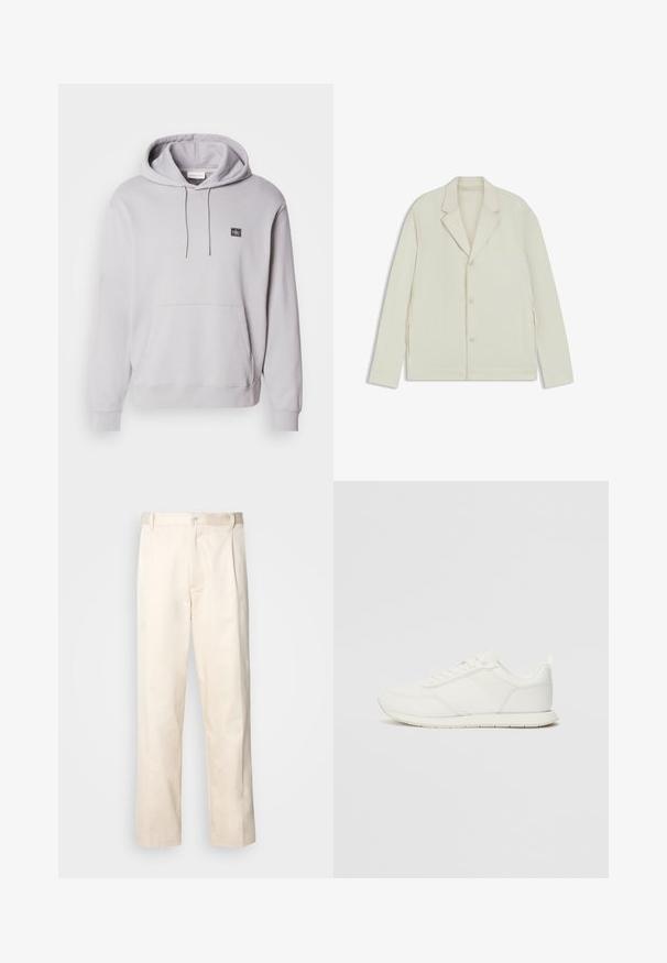Chaqueta de color beige claro con solapas en pico, cierre de botones y cremalleras laterales. Fabricada con una tela suave y texturizada, con un corte a medida.; Sudadera con capucha de color gris claro, hecha de algodón, que presenta un bolsillo frontal, puños y un pequeño parche con logo en el pecho. Textura suave.; Pantalones de algodón beige con corte recto, que cuentan con un cierre de botón y pliegues en la parte frontal para un detalle adicional.; Zapatilla blanca con parte superior de malla y sintético, puntera redonda, cordones planos y una franja lateral texturizada. Suela de goma con un tirador en la parte posterior.