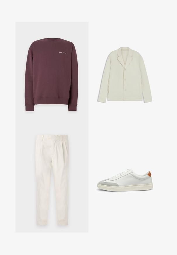 Giacca beige chiaro con rever a taglio, chiusura con bottoni e zip laterali. Realizzata in tessuto liscio e testurizzato con una vestibilità su misura.; Felpa bordeaux realizzata in morbido misto cotone, con scollatura rotonda, polsini a costine e un piccolo logo bianco sul petto.; Pantaloni bianchi plissettati con taglio su misura, caratterizzati da una texture liscia, passanti per la cintura e gambe affusolate. Nessuna tasca o motivo visibile.; Sneakers bianchi in pelle con accenti in suede grigio e un tallone in pelle beige. Presentano una superficie testurizzata e una suola leggera.