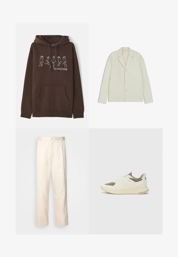 Light beige jacket with a notched lapel, button closure, and side zippers. Made from smooth, textured fabric with a tailored fit.; Brown hoodie with a drawstring hood, front pocket, and white line art design depicting figures. Features "KID SUPER STUDIOS" logo.; Beige cotton trousers with a straight-leg cut, featuring a button closure and pleats at the front for added detail.; White and light beige athletic sneaker, featuring a mesh upper, perforated detailing, and a textured midsole with branding on the heel.