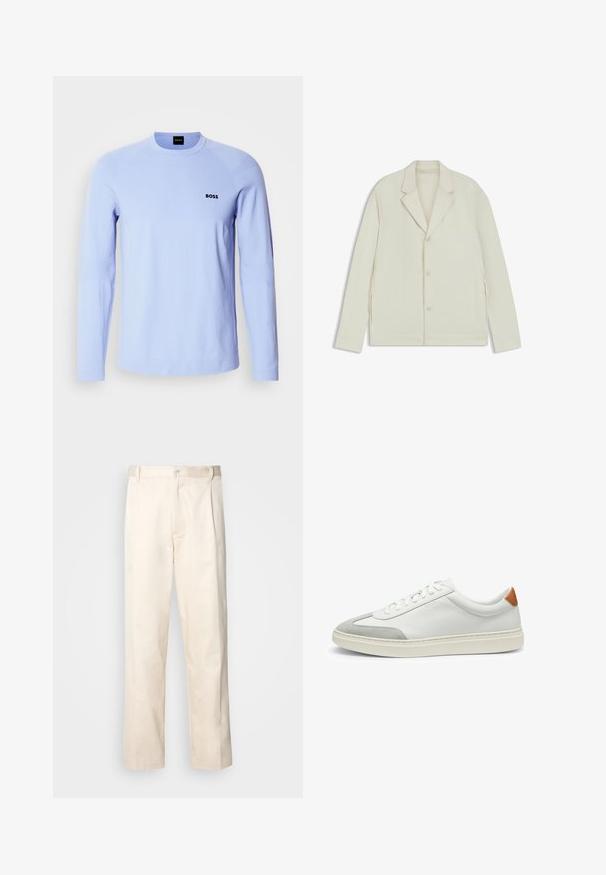 Jasnobeżowa kurtka z wyłogowym kołnierzem, zapięciem na guziki i bocznymi zamkami. Wykonana z gładkiego, teksturowanego materiału o dopasowanym kroju.; Jasnoniebieski sweter z długim rękawem, wykonany z miękkiego materiału, z okrągłym dekoltem, ściągaczami przy mankietach oraz małym czarnym logo "BOSS" na klatce piersiowej.; Beżowe bawełniane spodnie o prostym kroju nogawki, z zapięciem na guziki i plisami z przodu dla dodatkowego zdobienia.; Białe skórzane tenisówki z szarymi zamszowymi akcentami oraz brązowym skórzanym zapiętkiem. Posiadają teksturowaną powierzchnię i lekką podeszwę.