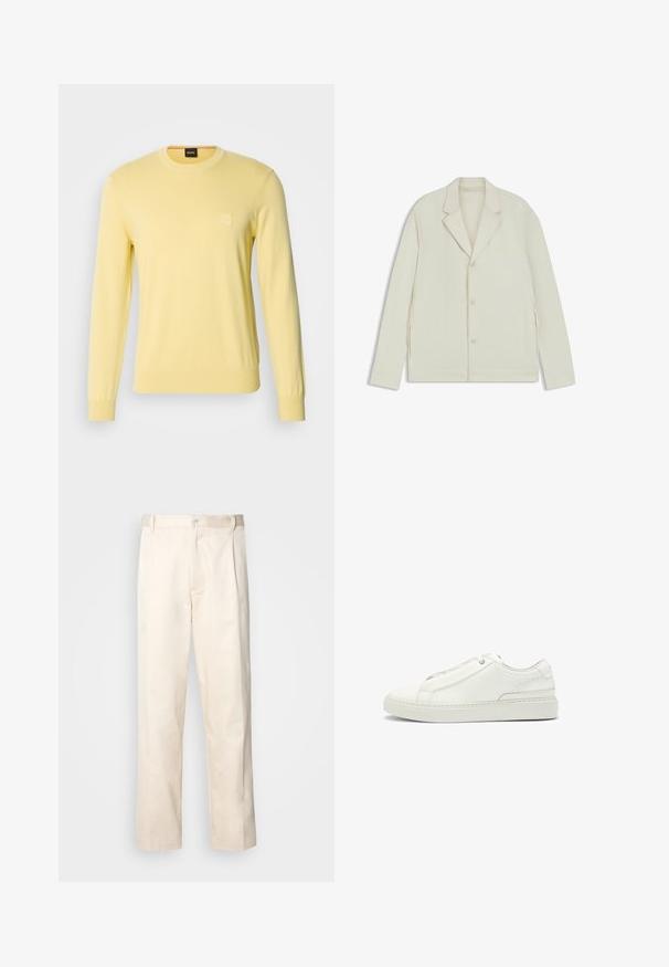 Ljus beige jacka med spetsiga slag, knappstängning och sidodragkedjor. Tillverkad av slätt, texturerat tyg med en skräddarsydd passform.; Gul stickad tröja med rund hals och långa ärmar. Har en liten fyrkantig logotyp på bröstet. Slät textur och figurnära design.; Beiga bomullbyxor med rak benform, utrustade med knappstängning och veck framtill för extra detalj.; Vita lädersneaker med en texturerad ovandel, rund tå, minimalistisk design och en gummisula med sömdetaljer.