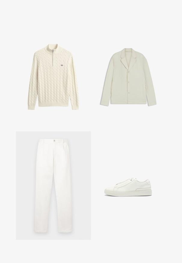 Giacca beige chiaro con rever a taglio, chiusura con bottoni e zip laterali. Realizzata in tessuto liscio e testurizzato con una vestibilità su misura.; Maglione lavorato a maglia color crema con collo alto, caratterizzato da motivi a trecce e chiusura con mezza zip. Polsini e orlo a coste completano il design.; Pantaloni bianchi realizzati in tessuto liscio, con un design a gamba dritta, pieghe frontali e una chiusura a bottone singolo in vita.; Sneaker bianca in pelle con tomaia testurizzata, punta tonda, design minimalista e suola in gomma con dettagli cuciti.