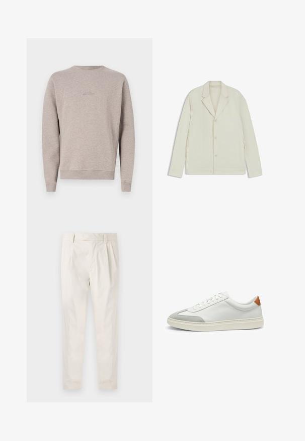 Light beige jacket with a notched lapel, button closure, and side zippers. Made from smooth, textured fabric with a tailored fit.; Light gray sweatshirt made of soft fabric, featuring a round neck, long sleeves, and ribbed cuffs and hem. Subtle logo embroidered on front.; White, pleated trousers with a tailored fit, featuring a smooth texture, belt loops, and tapered legs. No visible pockets or patterns.; White leather sneakers with gray suede accents and a tan leather heel tab. Features a textured surface and lightweight sole.