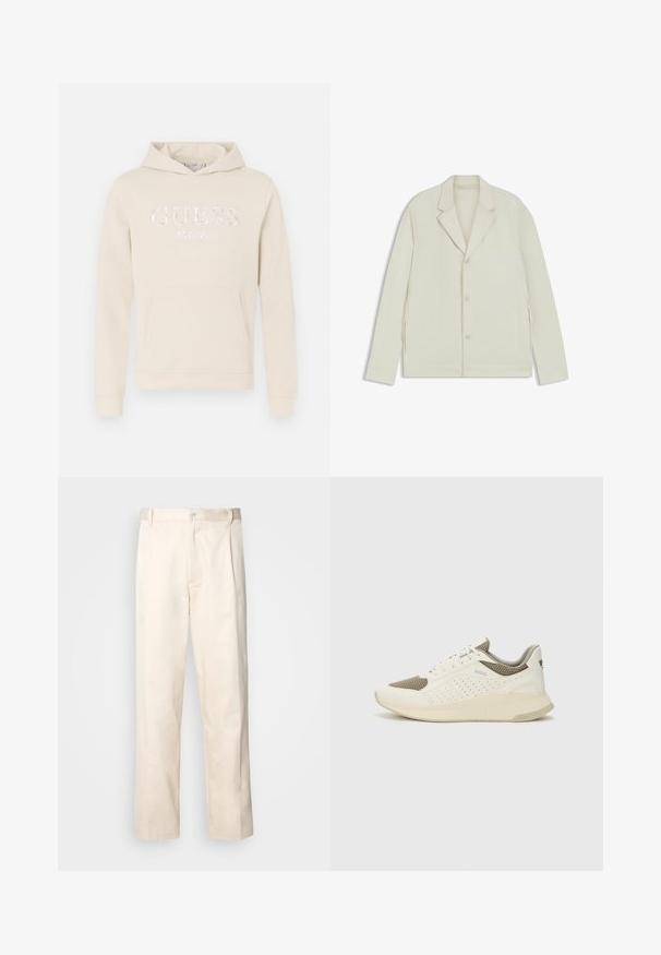 Giacca beige chiaro con rever a taglio, chiusura con bottoni e zip laterali. Realizzata in tessuto liscio e testurizzato con una vestibilità su misura.; Felpa beige con tasca frontale, caratterizzata dal logo ricamato "GUESS EST.1981" in bianco. Tessuto morbido e cappuccio regolabile. Maniche lunghe.; Pantaloni in cotone beige con taglio dritto, dotati di chiusura a bottone e pence sul davanti per un tocco di dettaglio in più.; Sneaker atletica bianca e beige chiaro, con tomaia in mesh, dettagli perforati e una suola intermedia texturizzata con marchio sul tallone.