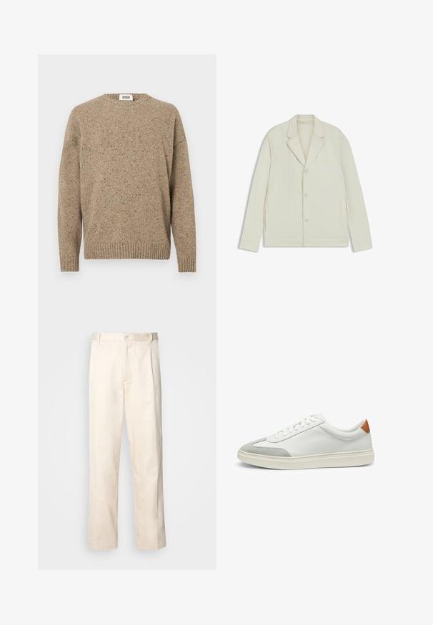 Valkoinenbeige takki, jossa on sahalaita, napitus ja sivuvetoketjut. Valmistettu sileästä, teksturoidusta kankaasta, joka on muotoiltu hyvin istuvaksi.; Vaaleanbeige neulepaita, jossa on pyöreä kaula-aukko, pitkät hihat ja ribbireunat. Rakenteellinen kangas sisältää tummempia sävyjä.; Vaaleanbeige puuvillahousut, joissa on suora lahje, varustettu nappisulkeisella ja etupuolella olevilla laskoksilla lisäyksinä.; Valkoiset nahkakengät, joissa on harmaat mikrokuituakkentit ja vaaleanruskea nahkakanta. Ominaisuuksiin kuuluu teksturoitu pinta ja kevyt pohja.