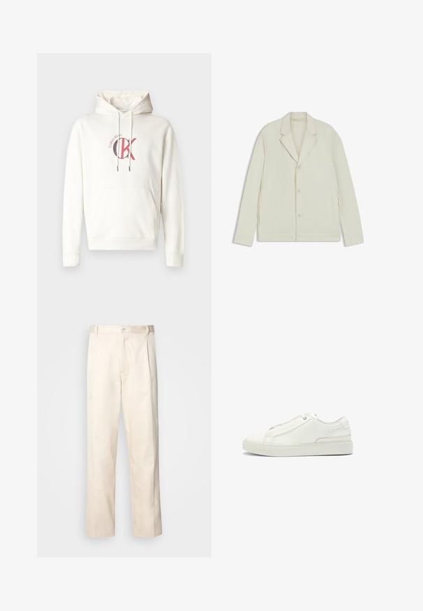 Light beige jacket with a notched lapel, button closure, and side zippers. Made from smooth, textured fabric with a tailored fit.; White hooded sweatshirt with a front pocket, featuring a red and black "CK" logo on the chest. Made from soft fabric with ribbed cuffs.; Beige cotton trousers with a straight-leg cut, featuring a button closure and pleats at the front for added detail.; White leather sneaker featuring a textured upper, a round toe, minimalistic design, and a rubber sole with stitched detailing.