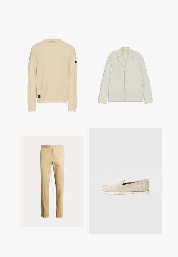 Lichtbeige jas met een geknipte revers, knoopsluiting en zijritsen. Gemaakt van een gladde, gestructureerde stof met een slim fit.; Lichtbeige gebreide trui met lange mouwen, ronde hals, gestructureerde stof en een klein zwart logo-opdruk op de linkermouw.; Khaki chinos van soepele katoenstof, met een slank ontwerp, voorplooien en boorden bij de enkel voor een taps toelopende uitstraling.; Polo Ralph Lauren MERTON VENETIAN LOAFER - Mocassins - milkshake