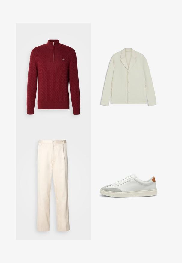 Giacca beige chiaro con rever a taglio, chiusura con bottoni e zip laterali. Realizzata in tessuto liscio e testurizzato con una vestibilità su misura.; Pullover rosso lavorato a maglia con un motivo a diamante testurizzato, colletto alto e zip a un quarto. Presenta polsini e orlo a coste. Dettaglio logo piccolo incluso.; Pantaloni in cotone beige con taglio dritto, dotati di chiusura a bottone e pence sul davanti per un tocco di dettaglio in più.; Sneakers bianchi in pelle con accenti in suede grigio e un tallone in pelle beige. Presentano una superficie testurizzata e una suola leggera.