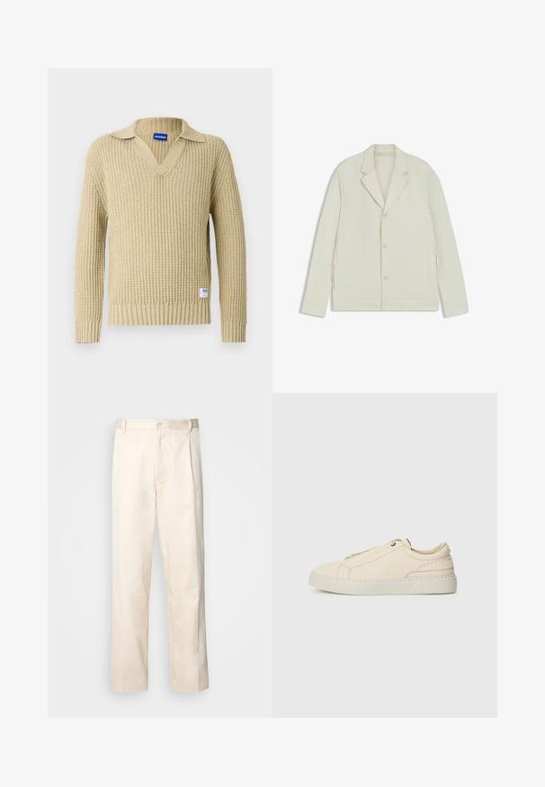 Valkoinenbeige takki, jossa on sahalaita, napitus ja sivuvetoketjut. Valmistettu sileästä, teksturoidusta kankaasta, joka on muotoiltu hyvin istuvaksi.; Beige neulottu villapaita, jossa on v-kaula-aukko ja ribbipintainen rakenne. Ominaisuuksiin kuuluu käännetty kaulus. Alhaalla vasemmalla pieni merkkilappu.; Vaaleanbeige puuvillahousut, joissa on suora lahje, varustettu nappisulkeisella ja etupuolella olevilla laskoksilla lisäyksinä.; Beige nahkakengät, joissa on pyöreä kärki, minimalistinen muotoilu, hillityt ommellut yksityiskohdat ja teksturoitu päällinen, vaalealla pohjalla.