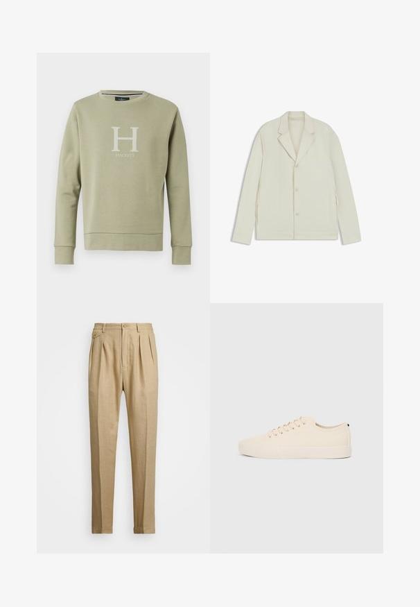 Light beige jacket with a notched lapel, button closure, and side zippers. Made from smooth, textured fabric with a tailored fit.; Green long-sleeve sweatshirt with a round neckline, featuring a large white "H" logo and “HACKETT” text on the front. Cotton blend fabric.; Beige linen trousers with a straight cut, featuring two front pleats, a button closure, and side pockets. Textured fabric with a smooth finish.; Beige canvas sneakers with round toe, flat rubber sole, and lace-up front. Features minimal design and a contrasting black accent at the heel.