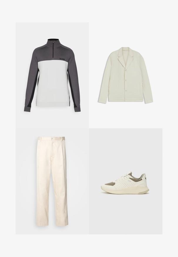 Ljus beige jacka med spetsiga slag, knappstängning och sidodragkedjor. Tillverkad av slätt, texturerat tyg med en skräddarsydd passform.; Zip-up sweatshirt med hög krage, med en grå övre och vit nedre del, texturerad tyg och svarta detaljer på ärmarna. Logotyp ingår.; Beiga bomullbyxor med rak benform, utrustade med knappstängning och veck framtill för extra detalj.; Vit och ljusbeige atletisk sneaker med ett meshöverdrag, perforerade detaljer och en texturerad mellansula med varumärke på hälen.