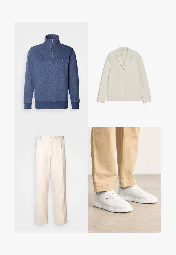 Giacca beige chiaro con rever a taglio, chiusura con bottoni e zip laterali. Realizzata in tessuto liscio e testurizzato con una vestibilità su misura.; GANT SHIELD HALF ZIP - Felpa - dark jeansblue melange; Pantaloni in cotone beige con taglio dritto, dotati di chiusura a bottone e pence sul davanti per un tocco di dettaglio in più.; Sneakers in pelle bianca con finitura liscia, dotati di punta rotonda, chiusura con lacci e dettaglio logo discreto sul lato, abbinati a pantaloni beige.