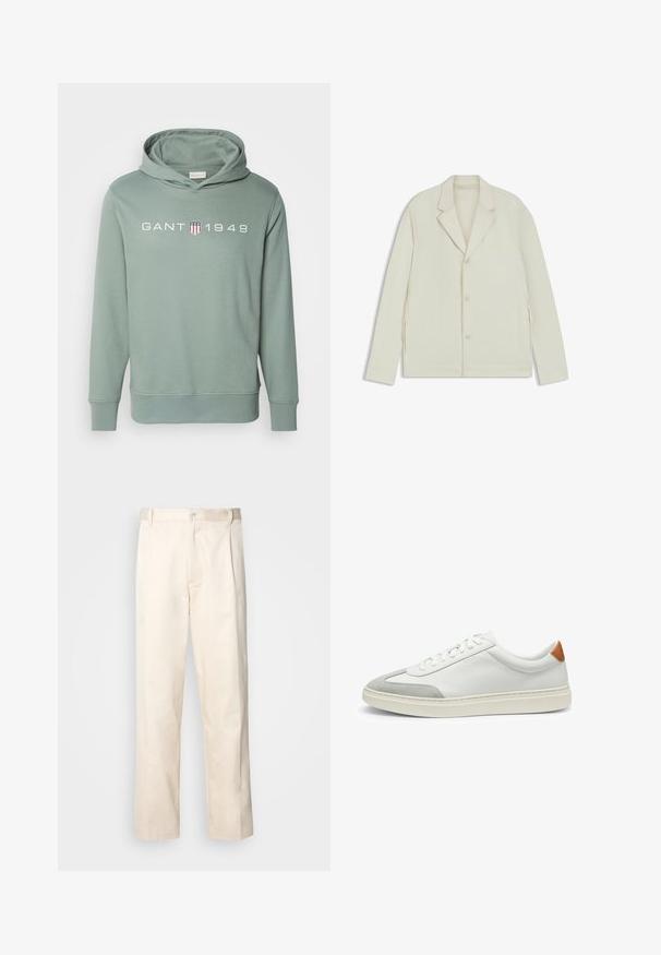 Giacca beige chiaro con rever a taglio, chiusura con bottoni e zip laterali. Realizzata in tessuto liscio e testurizzato con una vestibilità su misura.; GANT Felpa con cappuccio - pastel green; Pantaloni in cotone beige con taglio dritto, dotati di chiusura a bottone e pence sul davanti per un tocco di dettaglio in più.; Sneakers bianchi in pelle con accenti in suede grigio e un tallone in pelle beige. Presentano una superficie testurizzata e una suola leggera.