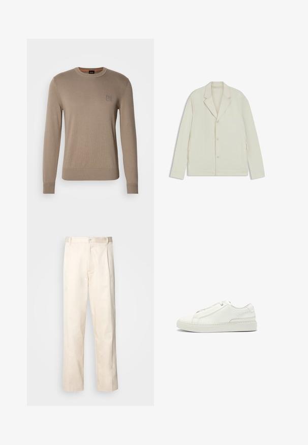 Ljus beige jacka med spetsiga slag, knappstängning och sidodragkedjor. Tillverkad av slätt, texturerat tyg med en skräddarsydd passform.; Beige herrtröja med rund halsringning och långa ärmar, ribbade muddar och fåll, med en liten fyrkantig logotyp på bröstet.; Beiga bomullbyxor med rak benform, utrustade med knappstängning och veck framtill för extra detalj.; Vita lädersneaker med en texturerad ovandel, rund tå, minimalistisk design och en gummisula med sömdetaljer.
