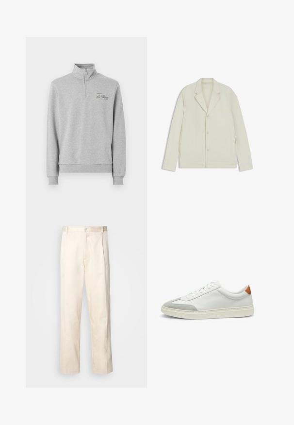 Light beige jacket with a notched lapel, button closure, and side zippers. Made from smooth, textured fabric with a tailored fit.; Gray pullover sweatshirt with a high collar, half-zip front, ribbed cuffs, and a subtle printed logo detail on the left chest. Soft fabric texture.; Beige cotton trousers with a straight-leg cut, featuring a button closure and pleats at the front for added detail.; White leather sneakers with gray suede accents and a tan leather heel tab. Features a textured surface and lightweight sole.