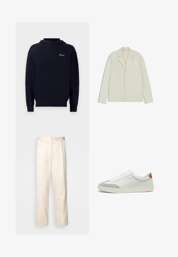 Valkoinenbeige takki, jossa on sahalaita, napitus ja sivuvetoketjut. Valmistettu sileästä, teksturoidusta kankaasta, joka on muotoiltu hyvin istuvaksi.; Navy blue-huppari pehmeästä kankaasta, jossa on etutasku, ribbireunat ja pieni valkoinen "Future" brodeeraus rinnassa.; Vaaleanbeige puuvillahousut, joissa on suora lahje, varustettu nappisulkeisella ja etupuolella olevilla laskoksilla lisäyksinä.; Valkoiset nahkakengät, joissa on harmaat mikrokuituakkentit ja vaaleanruskea nahkakanta. Ominaisuuksiin kuuluu teksturoitu pinta ja kevyt pohja.