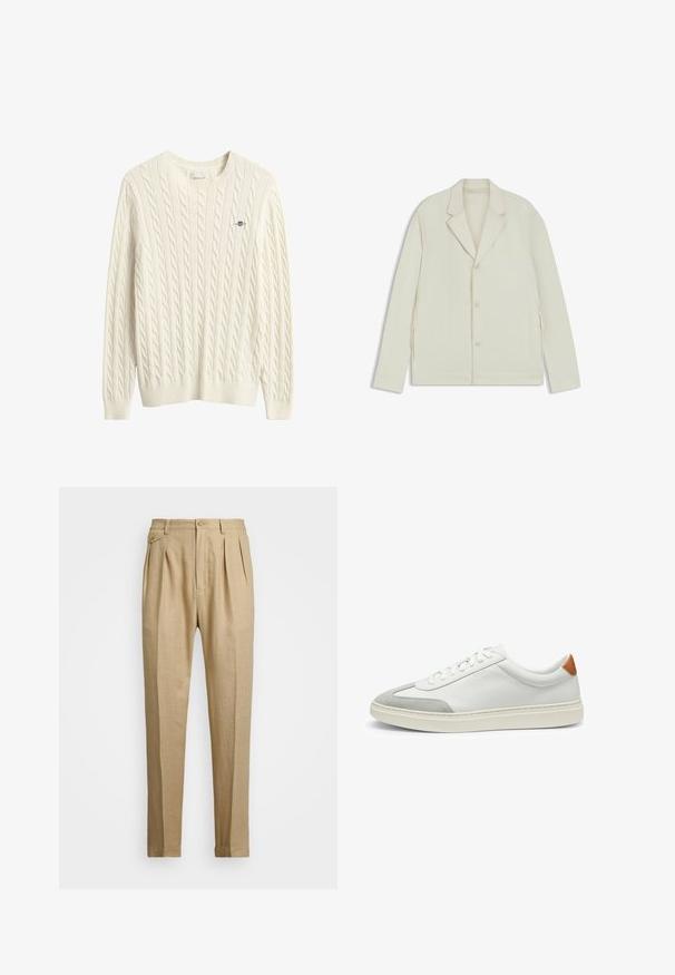 Veste beige clair avec un col cranté, fermeture à bouton et zips latéraux. Fabriquée en tissu lisse et texturé avec une coupe ajustée.; Pull crème en maille torsadée avec col rond et bordures côtelées. Petit logo bleu brodé sur la poitrine. Tissu doux et texturé.; Pantalons en lin beige avec une coupe droite, arbore deux pinces à l'avant, une fermeture à bouton et des poches latérales. Tissu texturé avec une finition lisse.; Baskets en cuir blanc avec des accents en suède gris et un talon en cuir beige. Elles présentent une surface texturée et une semelle légère.