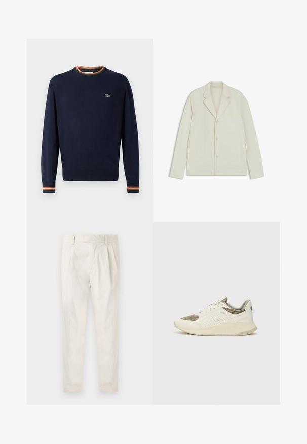 Lichtbeige jas met een geknipte revers, knoopsluiting en zijritsen. Gemaakt van een gladde, gestructureerde stof met een slim fit.; Navyblauwe trui met een ronde hals, ribgebreide manchetten met groene, oranje en witte strepen, en een klein geborduurd logo op de borst.; Witte, geplooide broeken met een getailleerde pasvorm, met een gladde textuur, riemlussen en taps toelopende benen. Geen zichtbare zakken of patronen.; Witte en lichtbeige sport sneaker, met een bovenwerk van mesh, geperforeerde details en een gestructureerde tussenzool met branding op de hiel.