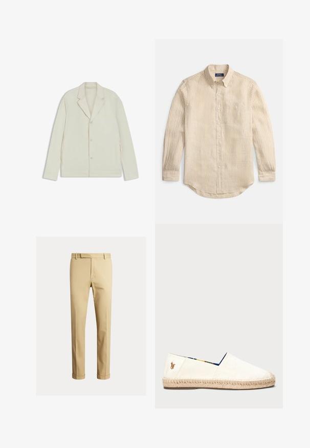 Light beige jacket with a notched lapel, button closure, and side zippers. Made from smooth, textured fabric with a tailored fit.; Beige long-sleeve button-up shirt with white vertical stripes, button-down collar, chest pocket, and "Polo Ralph Lauren" label inside collar.; Khaki chinos made of smooth cotton fabric, featuring a fitted design, front pleats, and cuffs at the ankle for a tapered look.; Canvas espadrille in off-white with a rope sole. Features a blue patterned lining and a small embroidered logo on the heel.