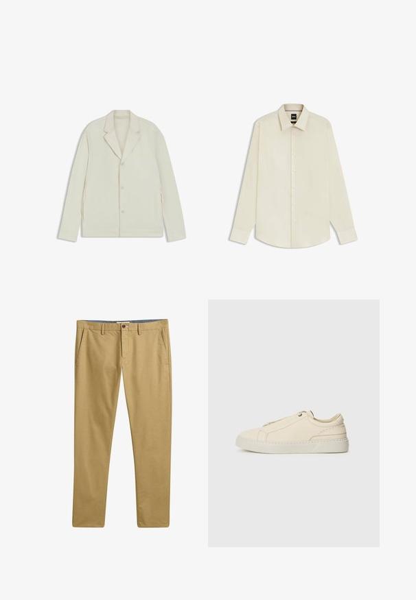 Light beige jacket with a notched lapel, button closure, and side zippers. Made from smooth, textured fabric with a tailored fit.; BOSS JOE KENT - Formal shirt - open white eleven; Khaki chinos featuring a smooth fabric texture, straight leg design, front pockets, and a button closure. Structured waist with belt loops.; Beige leather sneaker with a rounded toe, minimalistic design, subtle stitching details, and a textured upper, on a light sole.