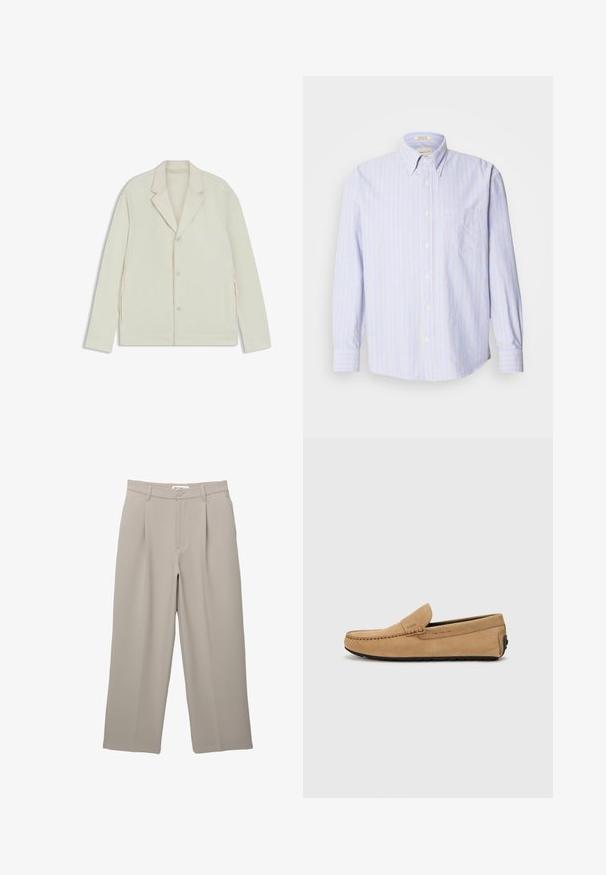 Helle beigefarbene Jacke mit Reverskragen, Knopfverschluss und seitlichen Reißverschlüssen. Hergestellt aus glattem, strukturiertem Material mit einer taillierten Passform.; Button-down-Hemd aus leichtem Stoff, mit vertikalen blauen und gelben Streifen, langen Ärmeln und einer Brusttasche auf der linken Seite.; PULL&BEAR DARTED - Stoffhose - taupe; Beige Wildleder-Mokassinschuh mit gestickter Zehenpartie, im Slip-On-Design und schwarzer Gummisohle. Besitzt dezente Markenkennzeichnung an der Seite.