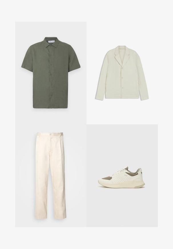 Giacca beige chiaro con rever a taglio, chiusura con bottoni e zip laterali. Realizzata in tessuto liscio e testurizzato con una vestibilità su misura.; Camicia a maniche corte di colore verde oliva realizzata in tessuto strutturato, con chiusura frontale a bottoni e colletto classico.; Pantaloni in cotone beige con taglio dritto, dotati di chiusura a bottone e pence sul davanti per un tocco di dettaglio in più.; Sneaker atletica bianca e beige chiaro, con tomaia in mesh, dettagli perforati e una suola intermedia texturizzata con marchio sul tallone.