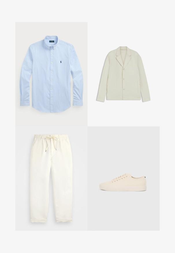 Valkoinenbeige takki, jossa on sahalaita, napitus ja sivuvetoketjut. Valmistettu sileästä, teksturoidusta kankaasta, joka on muotoiltu hyvin istuvaksi.; Vaaleansininen raidallinen nappikauluspaita, pitkät hihat, valkoiset napit, klassinen kaulus, jossa on pieni tummansininen logo vasemmalla rinnassa. Puuvillakangasta.; Vaalean kermanväriset, rentoihin housut pehmeästä kankaasta. Ominaisuuksia ovat joustava vyötärönyöri, ja kavennetut lahkeet.; Beige kankaan tennarit pyörävarvalla, littealla kumipohjalla ja nauhakiinnityksellä. Minimalistinen muotoilu ja kontrastivärinen musta yksityiskohta kantapäässä.