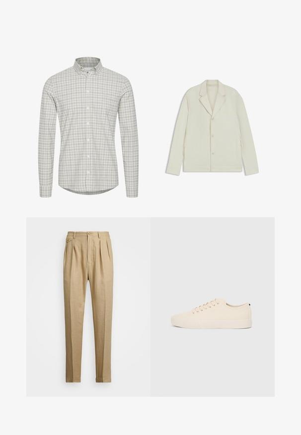 Helle beigefarbene Jacke mit Reverskragen, Knopfverschluss und seitlichen Reißverschlüssen. Hergestellt aus glattem, strukturiertem Material mit einer taillierten Passform.; Weißes Hemd mit Knöpfen und einem hellgrauen und dunkelgrauen Karomuster, mit langen Ärmeln und klassischem Kragendesign.; Beige Leinenhose mit geradem Schnitt, ausgestattet mit zwei vorderen Falten, einem Knopfverschluss und seitlichen Taschen. Strukturierter Stoff mit glatter Oberfläche.; Beige Leinensneaker mit runder Zehenpartie, flacher Gummisohle und Schnürung. Verfügt über ein minimalistisches Design und einen kontrastierenden schwarzen Akzent an der Ferse.