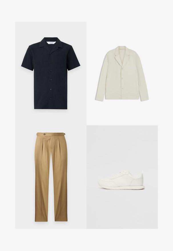 Valkoinenbeige takki, jossa on sahalaita, napitus ja sivuvetoketjut. Valmistettu sileästä, teksturoidusta kankaasta, joka on muotoiltu hyvin istuvaksi.; Lyhythihainen, tummansininen nappipaita, jossa on teksturoitu kangas. Sisältää kauluksen, yhden rintataskun ja kuusi nappia edessä.; Beiget suoralahkeiset housut, joissa on laskokset, napillinen suljenta ja vyölenkit. Sileä kangas ja siisti, räätälöity ilme.; Valkoiset tennarit, joissa on verkkokankainen ja synteettinen yläosa, pyöreä kärki, litteät nauhat sekä teksturoitu sivuviiru. Kumipohja ja vetoketju takana.