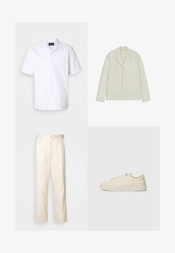 Chaqueta de color beige claro con solapas en pico, cierre de botones y cremalleras laterales. Fabricada con una tela suave y texturizada, con un corte a medida.; Camisa de manga corta en blanco con rayas verticales azul claro, con cuello puntiagudo y un bolsillo en el pecho.; Pantalones de algodón beige con corte recto, que cuentan con un cierre de botón y pliegues en la parte frontal para un detalle adicional.; Zapatilla de cuero beige con punta redondeada, diseño minimalista, detalles de costura sutiles y parte superior texturizada, sobre una suela clara.