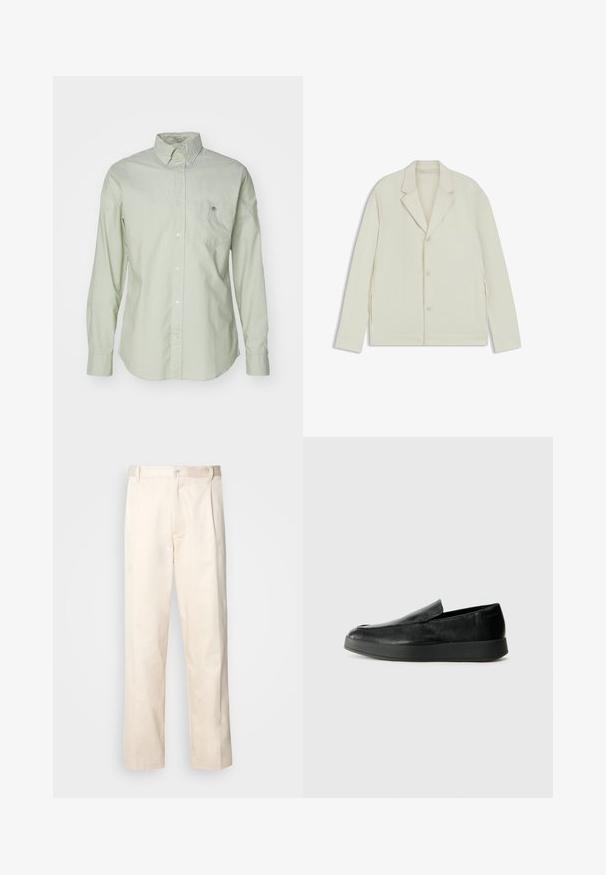 Light beige jacket with a notched lapel, button closure, and side zippers. Made from smooth, textured fabric with a tailored fit.; Light green button-up shirt with long sleeves, a classic collar, left chest pocket, and subtle texture. Features white buttons and a logo detail.; Beige cotton trousers with a straight-leg cut, featuring a button closure and pleats at the front for added detail.; Calvin Klein HYBRID CUP - Slip-ons - triple black