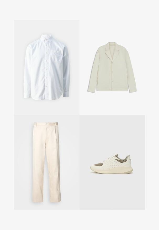 Light beige jacket with a notched lapel, button closure, and side zippers. Made from smooth, textured fabric with a tailored fit.; Guess COLLIN - Shirt - pure white; Beige cotton trousers with a straight-leg cut, featuring a button closure and pleats at the front for added detail.; White and light beige athletic sneaker, featuring a mesh upper, perforated detailing, and a textured midsole with branding on the heel.