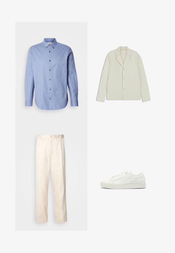 Valkoinenbeige takki, jossa on sahalaita, napitus ja sivuvetoketjut. Valmistettu sileästä, teksturoidusta kankaasta, joka on muotoiltu hyvin istuvaksi.; Vaaleansininen nappikauluspaita pitkillä hihoilla, valmistettu sileästä kankaasta. Sisältää klassisen kauluksen, mustia nappeja ja pienen logon rinnassa.; Vaaleanbeige puuvillahousut, joissa on suora lahje, varustettu nappisulkeisella ja etupuolella olevilla laskoksilla lisäyksinä.; Valkoinen nahkakenkä, jossa on teksturoitu yläosa, pyöreä kärki, minimalistinen muotoilu ja kumipohja, jossa on ommeltu yksityiskohta.