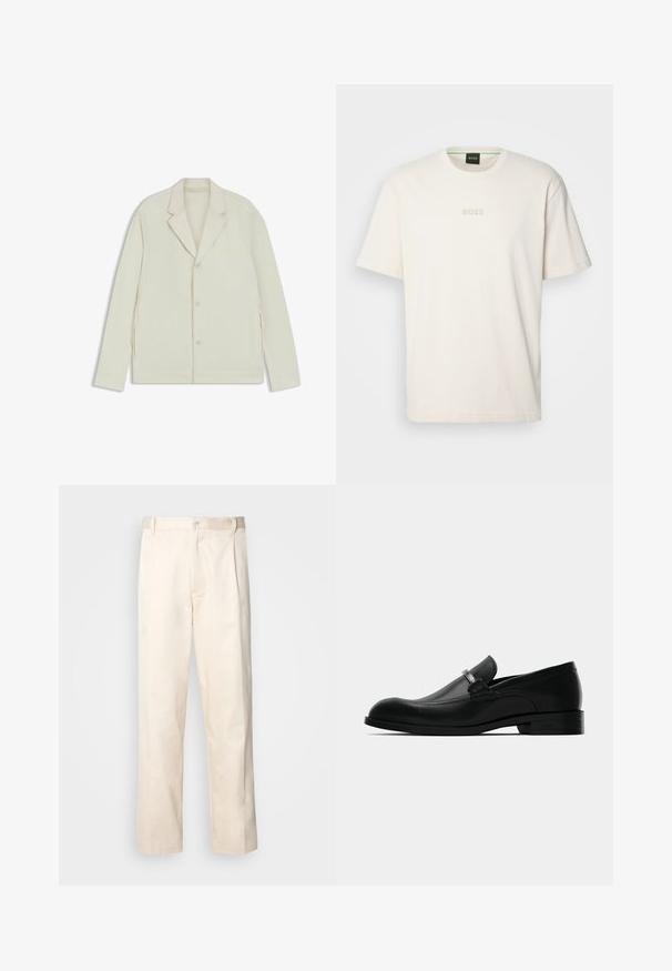 Light beige jacket with a notched lapel, button closure, and side zippers. Made from smooth, textured fabric with a tailored fit.; BOSS TEE - Basic T-shirt - open white; Beige cotton trousers with a straight-leg cut, featuring a button closure and pleats at the front for added detail.; Black leather men's loafer with a metal buckle detail, low heel, and branded sole, shown from the side on a white background.