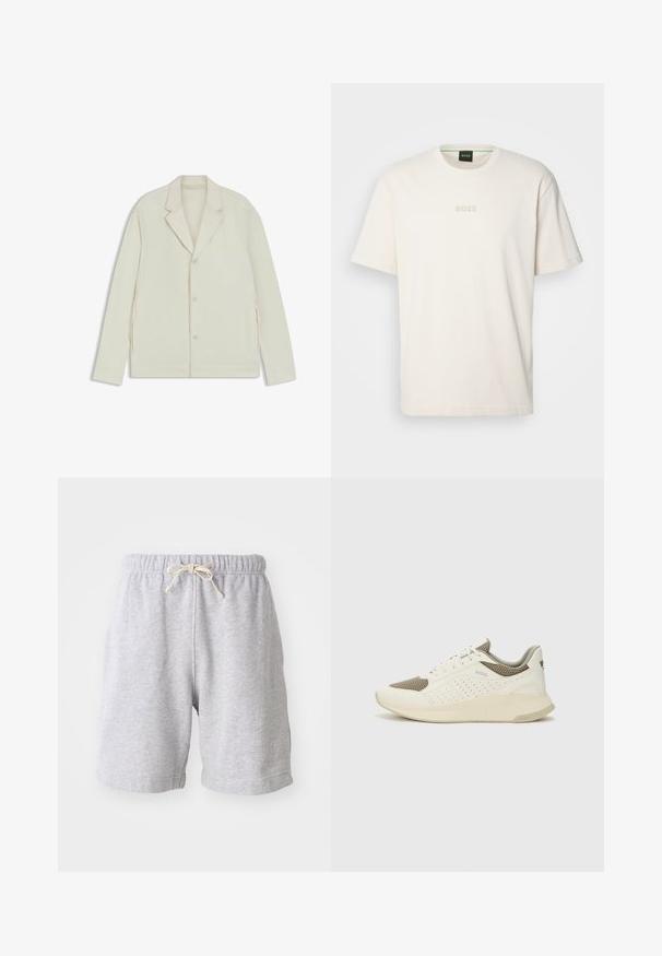Lichtbeige jas met een geknipte revers, knoopsluiting en zijritsen. Gemaakt van een gladde, gestructureerde stof met een slim fit.; BOSS TEE - T-shirt basic - open white; Grijze katoenen shorts met een elastische tailleband en trekkoord. Halverwege de bovenbenen, met zijnaad en een zachte textuur. Geen zakken of zichtbaar patroon.; Witte en lichtbeige sport sneaker, met een bovenwerk van mesh, geperforeerde details en een gestructureerde tussenzool met branding op de hiel.