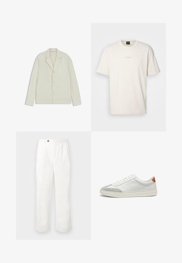 Light beige jacket with a notched lapel, button closure, and side zippers. Made from smooth, textured fabric with a tailored fit.; BOSS TEE - Basic T-shirt - open white; White cotton trousers with a straight cut, featuring two front pleats, a single button closure, and side pockets. Smooth texture.; White leather sneakers with gray suede accents and a tan leather heel tab. Features a textured surface and lightweight sole.
