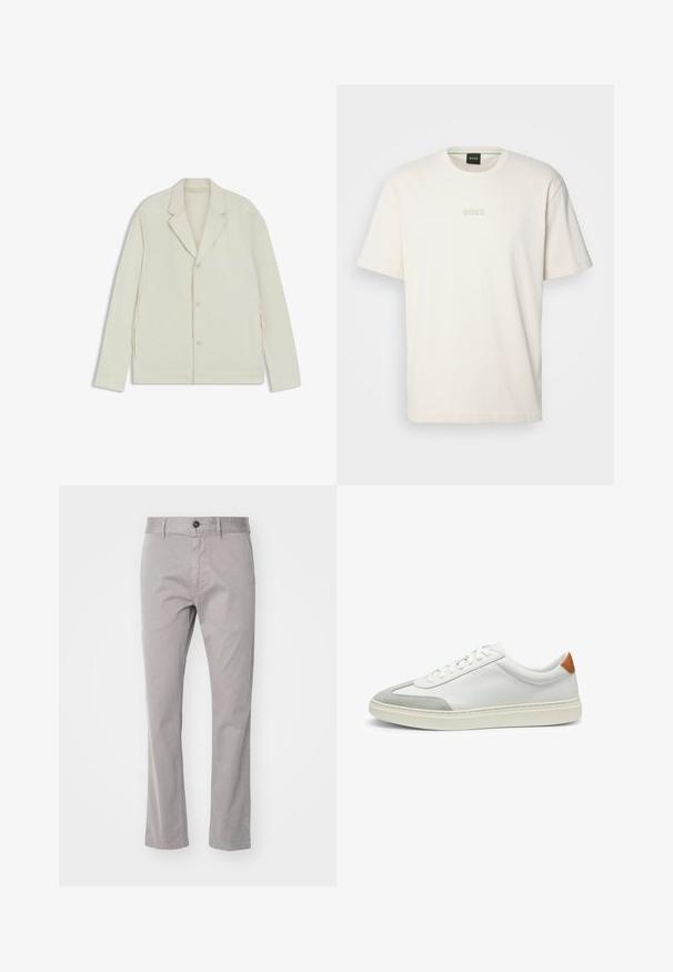 Helle beigefarbene Jacke mit Reverskragen, Knopfverschluss und seitlichen Reißverschlüssen. Hergestellt aus glattem, strukturiertem Material mit einer taillierten Passform.; BOSS TEE - T-Shirt basic - open white; BOSS SLIM - Chino - open grey; Weiße Leder-Sneaker mit grauen Wildlederakzenten und einer sandfarbenen Lederfersenschlaufe. Sie verfügen über eine strukturierte Oberfläche und eine leichte Sohle.