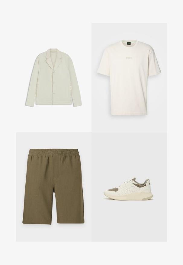 Lys beige jakke med klapkrave, knaplukning og sidelommer med lynlås. Lavet af glat, tekstureret stof med en skræddersyet pasform.; BOSS TEE - T-shirts basic - open white; Samsøe Samsøe SMITH - Shorts - four leaf clover; Hvide og lyse beige sportssko med en mesh-overdel, perforerede detaljer og en tekstureret mellemsål med branding på hælen.