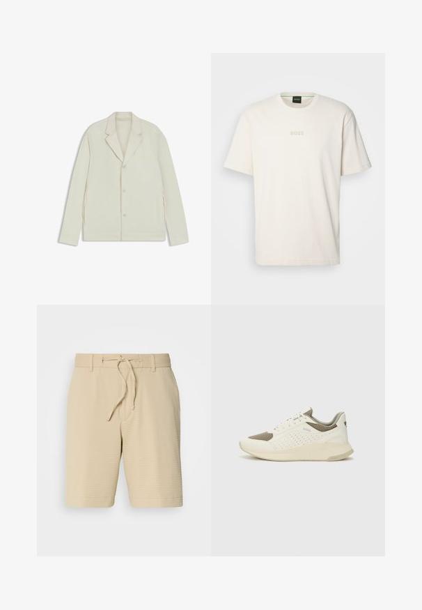 Light beige jacket with a notched lapel, button closure, and side zippers. Made from smooth, textured fabric with a tailored fit.; BOSS TEE - Basic T-shirt - open white; Beige shorts made of textured fabric, featuring an elastic waistband with a drawstring and side pockets for functionality.; White and light beige athletic sneaker, featuring a mesh upper, perforated detailing, and a textured midsole with branding on the heel.