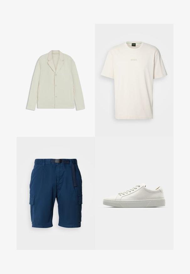 Lys beige jakke med klapkrave, knaplukning og sidelommer med lynlås. Lavet af glat, tekstureret stof med en skræddersyet pasform.; BOSS TEE - T-shirts basic - open white; Marineblå cargo shorts lavet af letvægtsstof, med en bæltestrop i taljen, sidelommer og en subtil tekstur.; Hvid lædersneaker med rund tå, minimalistisk design, grå snørebånd og en tekstureret grå gummisål. Subtile syningsdetaljer er synlige.