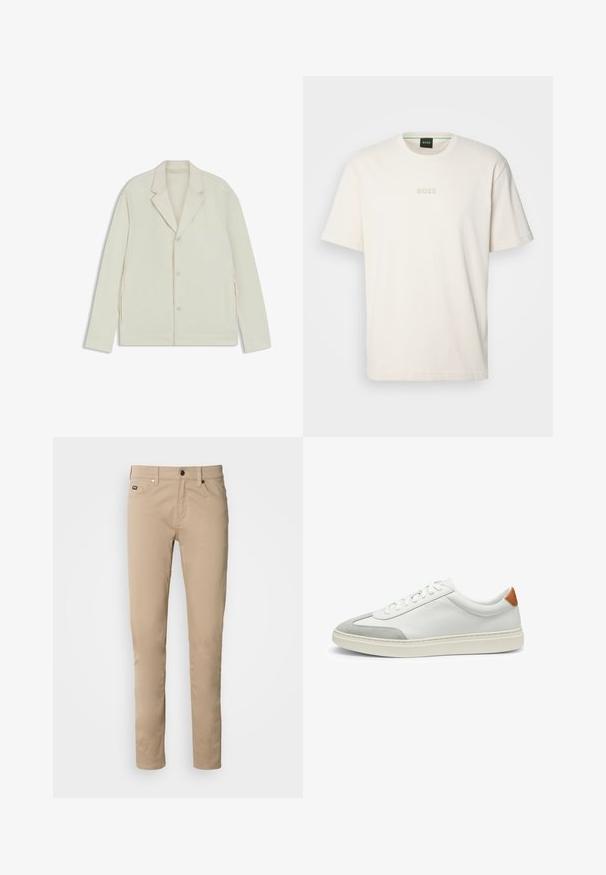 Light beige jacket with a notched lapel, button closure, and side zippers. Made from smooth, textured fabric with a tailored fit.; BOSS TEE - Basic T-shirt - open white; Slim-fit khaki pants made of soft cotton blend, featuring a button closure, belt loops, two front pockets, and a clean finish.; White leather sneakers with gray suede accents and a tan leather heel tab. Features a textured surface and lightweight sole.