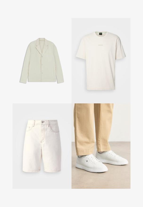 Helle beigefarbene Jacke mit Reverskragen, Knopfverschluss und seitlichen Reißverschlüssen. Hergestellt aus glattem, strukturiertem Material mit einer taillierten Passform.; BOSS TEE - T-Shirt basic - open white; Weiße Denim-Shorts mit geradem Schnitt, fünf Taschen, orangen Nähten und einem Reißverschluss mit einem einzelnen Knopfverschluss.; Weiße Ledersneaker mit glatter Oberfläche, runde Zehenpartie, Schnürdesign und dezente Logo-Details an der Seite, kombiniert mit beigen Hosen.