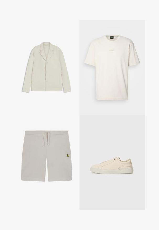 Giacca beige chiaro con rever a taglio, chiusura con bottoni e zip laterali. Realizzata in tessuto liscio e testurizzato con una vestibilità su misura.; BOSS TEE - T-shirt basic - open white; Pantaloncini in cotone grigio chiaro con fascia elastica in vita e coulisse. Presentano un piccolo logo giallo sul lato sinistro. Texture liscia.; Sneaker in pelle beige con punta arrotondata, design minimalista, dettagli di cucitura sottili e una parte superiore testurizzata, su una suola chiara.