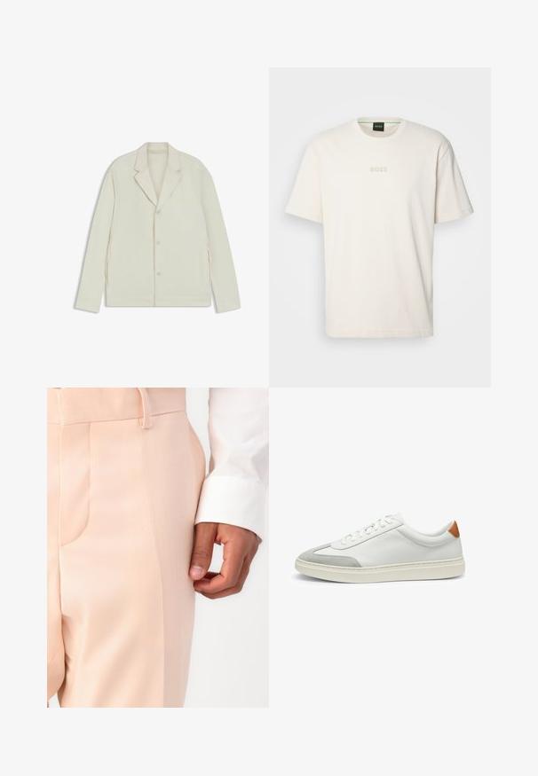 Light beige jacket with a notched lapel, button closure, and side zippers. Made from smooth, textured fabric with a tailored fit.; BOSS TEE - Basic T-shirt - open white; Pale pink tailored trousers with a smooth texture, featuring a side pocket and a belt loop, paired with a white shirt cuff.; White leather sneakers with gray suede accents and a tan leather heel tab. Features a textured surface and lightweight sole.