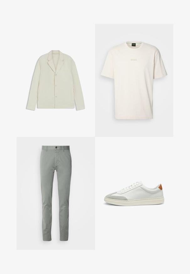 Helle beigefarbene Jacke mit Reverskragen, Knopfverschluss und seitlichen Reißverschlüssen. Hergestellt aus glattem, strukturiertem Material mit einer taillierten Passform.; BOSS TEE - T-Shirt basic - open white; Hellgraue Chinos aus Baumwolle mit geradem Schnitt, ausgestattet mit einem Knopfverschluss und Seitentaschen. Glatte Textur und minimalistisches Design.; Weiße Leder-Sneaker mit grauen Wildlederakzenten und einer sandfarbenen Lederfersenschlaufe. Sie verfügen über eine strukturierte Oberfläche und eine leichte Sohle.