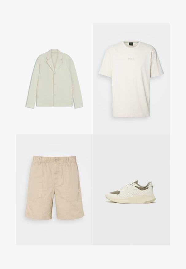 Light beige jacket with a notched lapel, button closure, and side zippers. Made from smooth, textured fabric with a tailored fit.; BOSS TEE - Basic T-shirt - open white; Beige cotton shorts with elastic waist, front button, and two side pockets. Features subtle stitching and a small logo on the side.; White and light beige athletic sneaker, featuring a mesh upper, perforated detailing, and a textured midsole with branding on the heel.