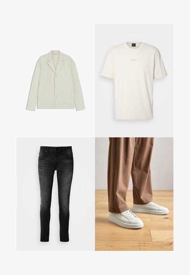 Jasnobeżowa kurtka z wyłogowym kołnierzem, zapięciem na guziki i bocznymi zamkami. Wykonana z gładkiego, teksturowanego materiału o dopasowanym kroju.; BOSS - T-shirt basic; Czarne dżinsy o slim fit, pięciokomorowym kroju, subtelnym zabarwieniu i kontrastowych szwach. Posiadają klasyczne zapięcie na metalowy guzik i zamek błyskawiczny.; Osoba w białych, teksturowanych niskich trampkach i luźnych brązowych spodniach, stojąca na jasnej drewnianej podłodze.