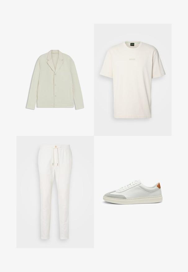 Light beige jacket with a notched lapel, button closure, and side zippers. Made from smooth, textured fabric with a tailored fit.; BOSS TEE - Basic T-shirt - open white; White linen pants with a drawstring waist, button closure, and tapered fit. Smooth texture with minimal detailing and no visible patterns.; White leather sneakers with gray suede accents and a tan leather heel tab. Features a textured surface and lightweight sole.
